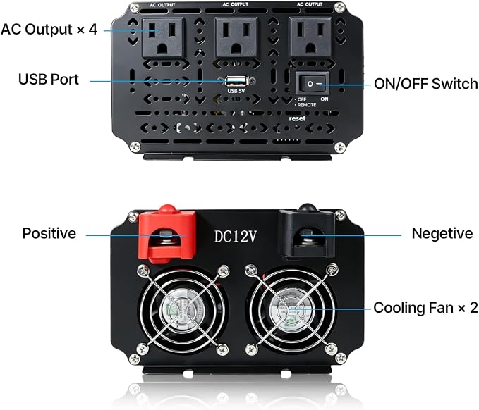 4000 Watt Power Inverter 12V to 110V/120V DC to AC Converter 8000W Peak, with Remote Control & LCD, 3 AC Outlets & 1 USB Ports Power Inverters for Vehicles Car Truck Boat RV Camping Solar System EPS