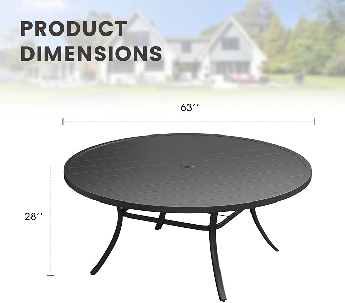 Outdoor Dining Table for 8, 63" Round Outdoor Table with Adjustable Umbrella Hole, All-Weather Metal Patio Dining Table for Lawn Garden Backyard Deck, Black