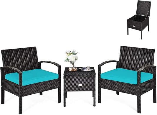 HAPPYGRILL 3 Piece Patio Furniture Set Rattan Wicker Sofa Set with Removable Cushions and Coffee Table, Outdoor Conversation Bistro Chairs Set with Storage Table for Garden Poolside Balcony