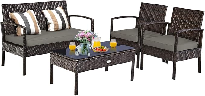Tangkula 4-PCS Wicker Patio Conversation Furniture Set, Outdoor Rattan Chair and Table Set, Patio Furniture Sets with Coffee Table & Washable Cushions for Courtyard Balcony Garden (1, Brown)