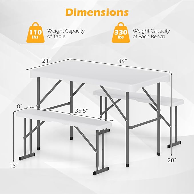 Giantex Folding Picnic Table Set w/ 2 Benches, 44" HDPE, White | Foldable Table & Chairs, All Weather Resistant, Space-Saving & Portable for Camping Party Dining BBQ, Large Weight Capacity