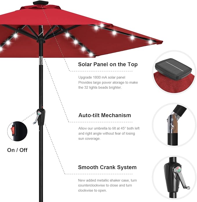ABCCANOPY Durable Solar Led Patio Umbrellas with 24LED Lights 7.5FT with 6 Sturdy Ribs (Burgundy)