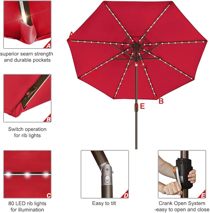EliteShade USA 10-Year-Non-Fading 9ft Market Patio Umbrella, Commercial Grade Table Sun Umbrella with 80 Solar LED Lights, Crank Open, Windproof & UPF 50+ UV Protection for Garden, Deck, Pool, Backyard, Logo Red