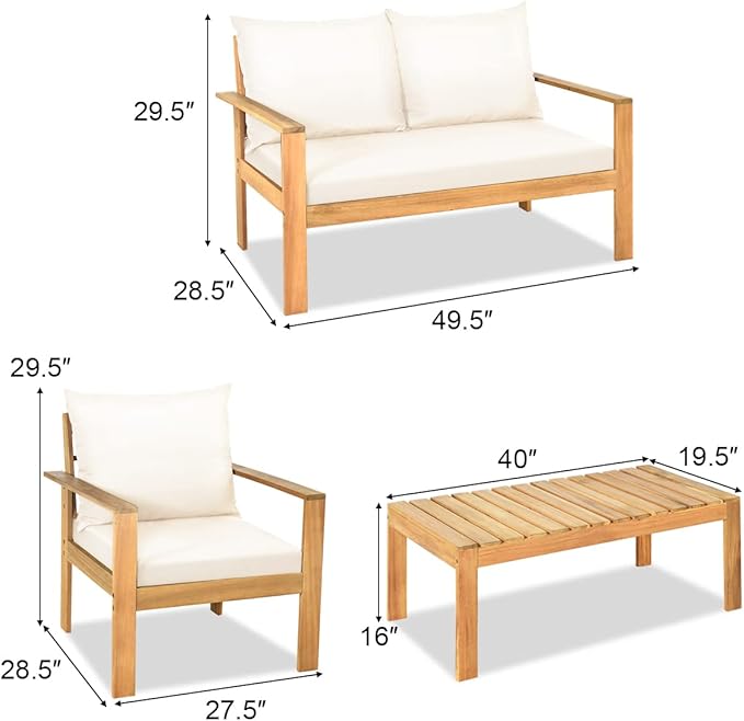 COSTWAY 4 Pieces Outdoor Acacia Wood Sofa Set, Outdoor Conversation Sofa Set with Table & Cushions Porch Chairs for Garden, Patio, Deck