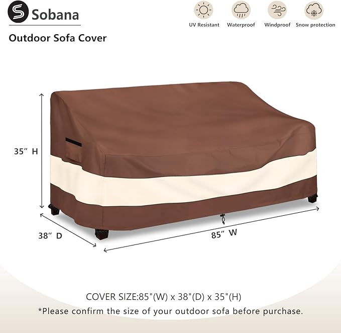 3-Seater Patio Sofa Covers, Outdoor Couch Cover Fits up to 85" W x 38" D x 35" H, Heavy Duty Waterproof Patio Furniture Covers,Brown
