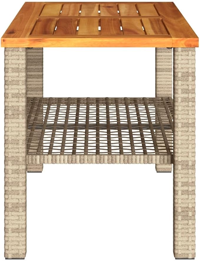 Outdoor Garden Table with Acacia Wood Top, 27.6x15x16.5 Inch Poly Rattan Patio Table, Powder-Coated Steel Frame for Backyard