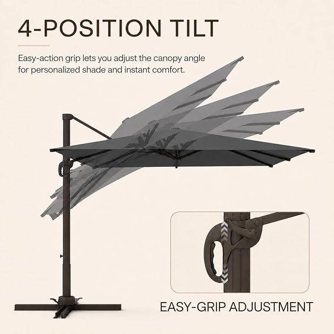 Kingdura 9' X 9' Cantilever Patio Umbrella with Base Included, Large Square Outdoor Offset Umbrella with 360-degree Rotation, 4 Position Tilt, UV Protection for Pool Deck Garden Patio (Grey)