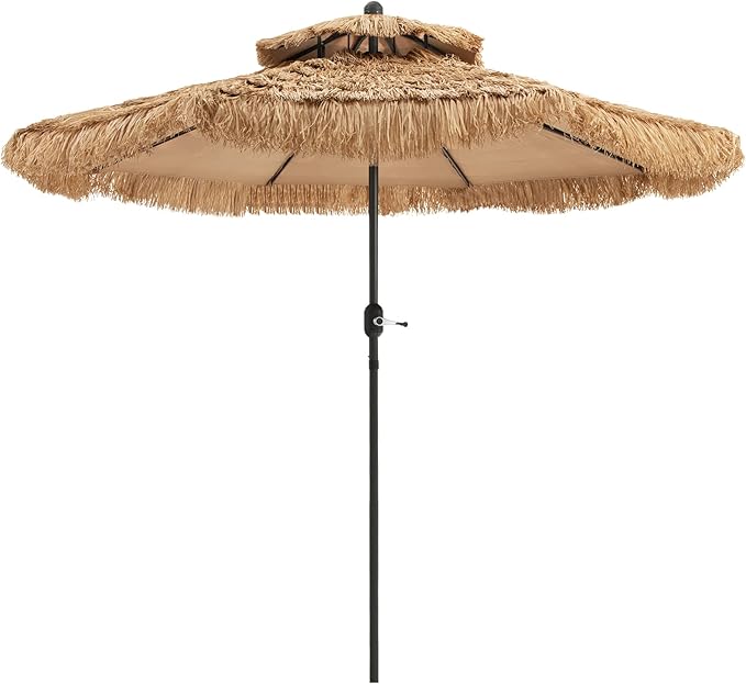 Tangkula 9 ft Thatched Patio Umbrella, 2 Tier Hawaiian Style PE Grass Beach Umbrella with 8 Ribs, Tilt Adjustment, Manual Crank, Tiki Umbrella for Backyard, Poolside, Deck