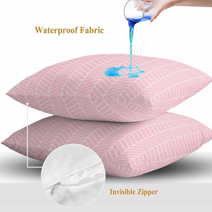 Outdoor Waterproof Throw Pillow Covers Set of 2 Pink Chevron Stripes Pillowcases 16x16 Inches Modern Geometric Texture Decorative Pillows Cushion Case Patio Pillows for Couch Bed Chair Garden