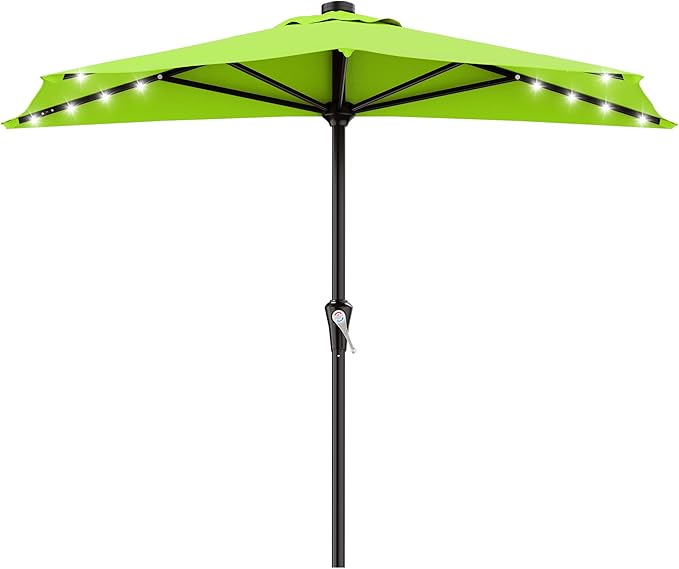 AreShark 9ft Patio Half Umbrellas with Solar Lights, 1/2 LED Half Outdoor Umbrella w/ 20 LED Lights, Lighted Table Wall Umbrella with Crank & 5 Sturdy Ribs for Market, Pool, Deck, Lawn and Garden, Apple Green