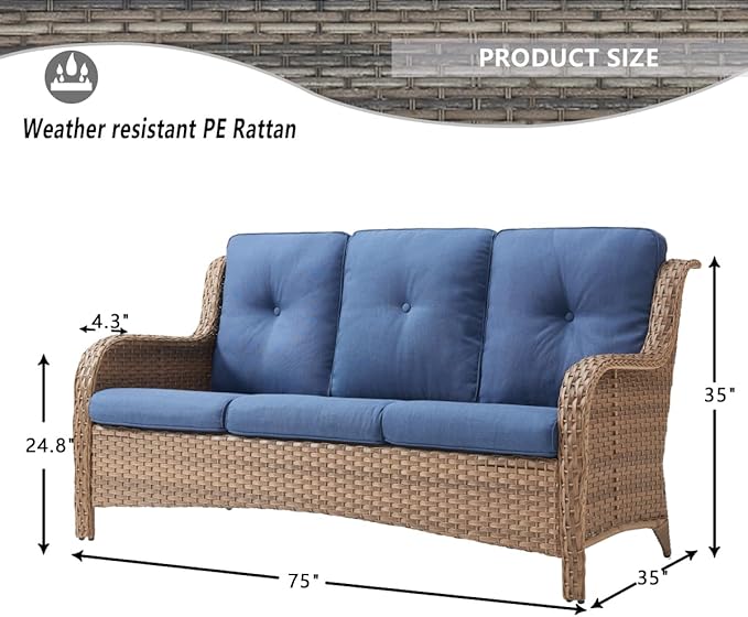 HUMMUH Patio Furniture 7 Pieces Outdoor Furniture Set PE Wicker Patio Couch with Swivel Rocker Chairs,Patio Ottomans,Outdoor Tables, Yellow/Blue