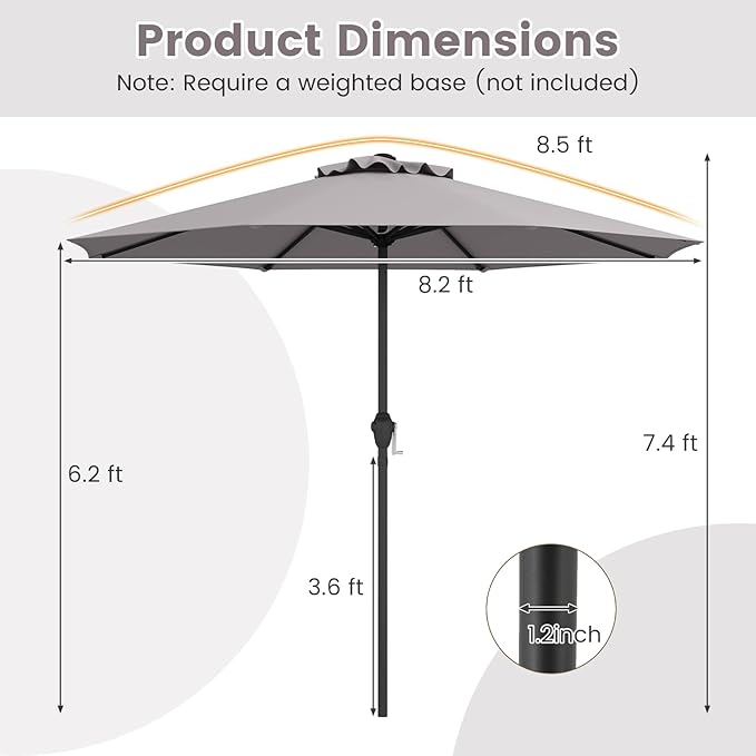 8.5 FT Patio Umbrella Outdoor Table Umbrella, Market Umbrella with Crank Handle, 8 Sturdy Ribs, Air Vent & Sun-Protective Canopy, Parasol for Garden, Backyard, Deck & Pool