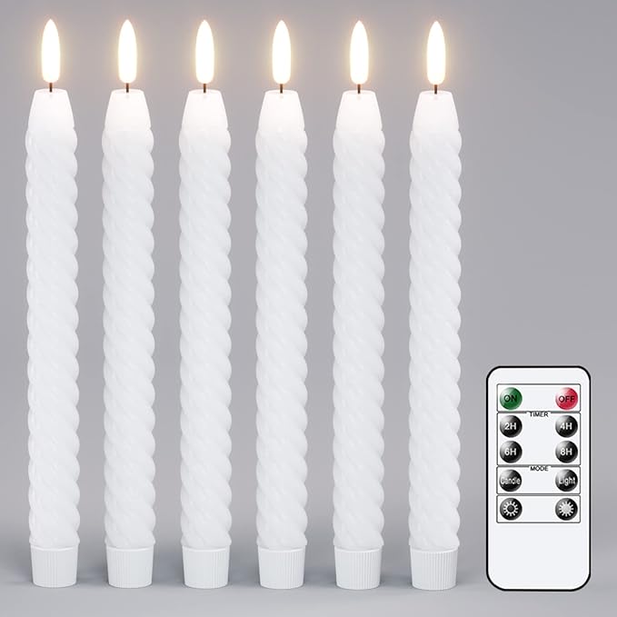 Flameless Taper Candles Real Wax Flickering with Remote Timer, Pastel White 3D Wick LED Spiral Candles Battery Operated 6 Pack 9.8 inch, Wedding Birthday Home Party Holiday Dinner Decor
