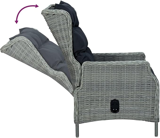 5 Piece Patio Dining Set Light Gray Poly Rattan with Tempered Glass Table, Reclining Chairs and Cushions, Outdoor Garden Conversation Set for Backyard Deck Lawn Porch, Weather Resistant Furniture