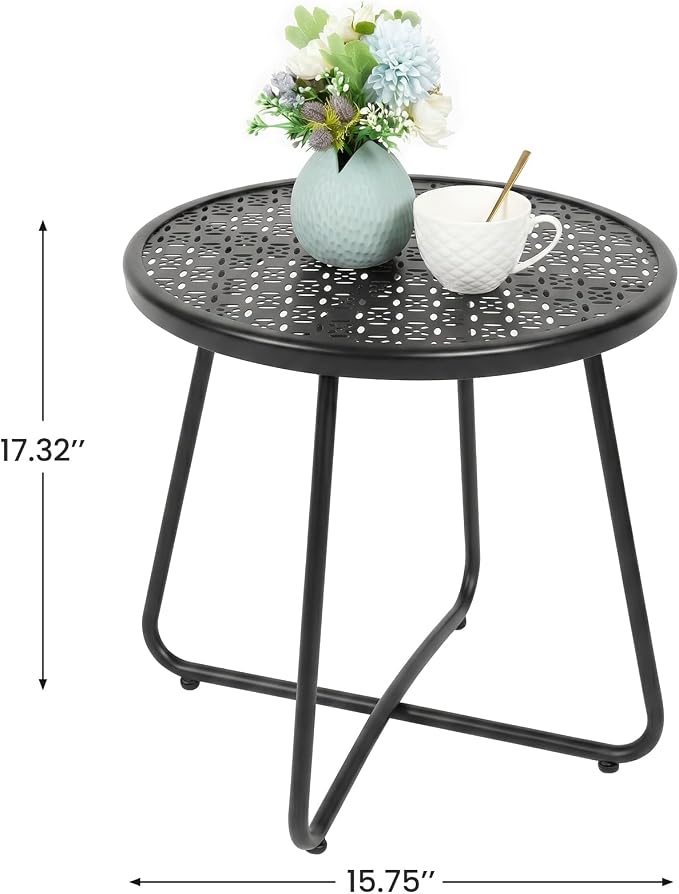 danpinera Outdoor Side Tables, Small Black Round End Table with Flower Cut Outs for Patio Yard Balcony Garden Bedside