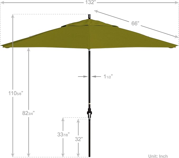 California Umbrella 11Ft Fiberglass Rib Patio Umbrella, Hand-Crank, Tilt-Collar, Bronze Frame, Solution Dyed Kiwi Fabric