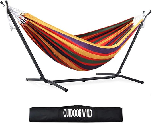 550lbs Capacity Double Hammock Adjustable Hammock Bed with 10ft Heavy Duty Steel Stand Includes Portable Carrying Case, Easy Set up Rainbow Stripe C