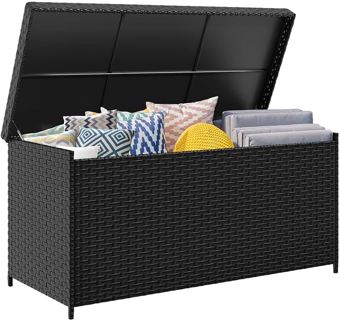 DWVO 260 Gallon Outdoor Deck Box, XXL All-Weather Wicker Storage Box, Extra Large Rattan Storage Bin for Patio Furniture, Outdoor Cushions, Pool and Garden Tools (Black)