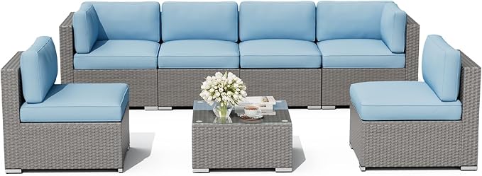 Oakcloud 7-Piece Outdoor Patio Furniture Sofa Set Grey Rattan Wicker Sectional Conversation Sets with Glass Top Table and Cushions(Haze Blue)