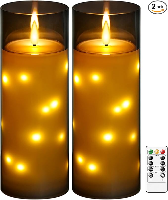 kakoya 11" x 4" Large Outdoor Waterproof Flameless LED Candles with Remote and Timer,Acrylic Pillar Candles Battery Operated with Embedded Star String for Porch,Patio,Outdoor Decor,Set of 2(Grey)