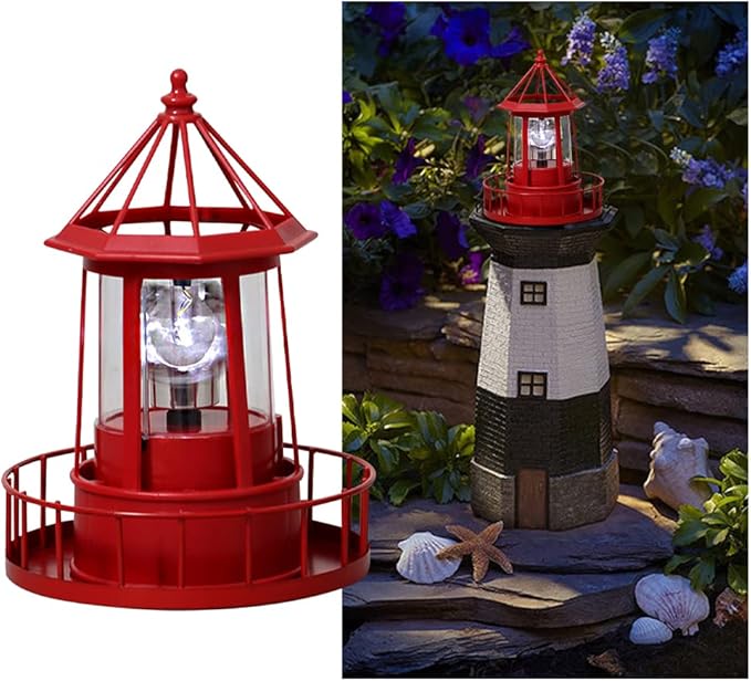 CALIDAKA LED Solar Powered Lighthouse, 360 Degree Rotating Lamp Waterproof Statue Solar LED Lighthouse for Lawn Patio Pond Yard Outdoor Decor (Red)