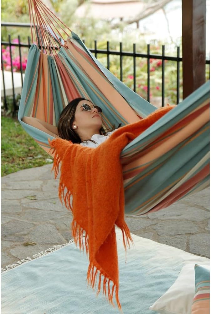 Colorful Striped Cotton Hammock, Soft Pink Boho Hammock for Patio Porch, 100% Cotton Canvas Indoor Outdoor Hanging Bed with 250 lbs Capacity