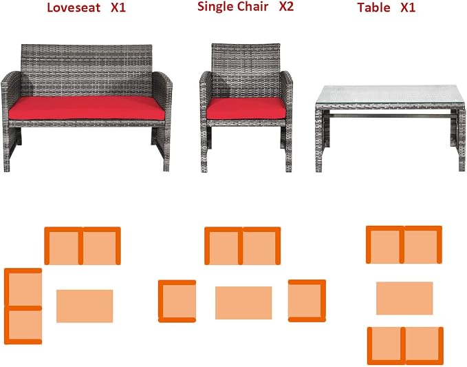 Outdoor Conversation Set, 4 Pieces Wicker Patio Furniture Set with Ergonomic Curved Design, Patio Chair Set with Water-Resistant Cushion & Tempered Glass Table for Porch, Poolside (Red)