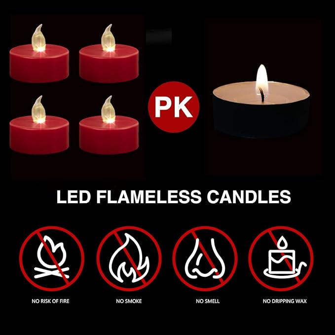 LED Tea Lights Flameless Candles: Battery Operated Bulk 24-Pack Realistic and Bright Flickering Long Lasting 200 Hours Electric Tealight Candles for Home Decor Halloween Christmas Wedding (Red)