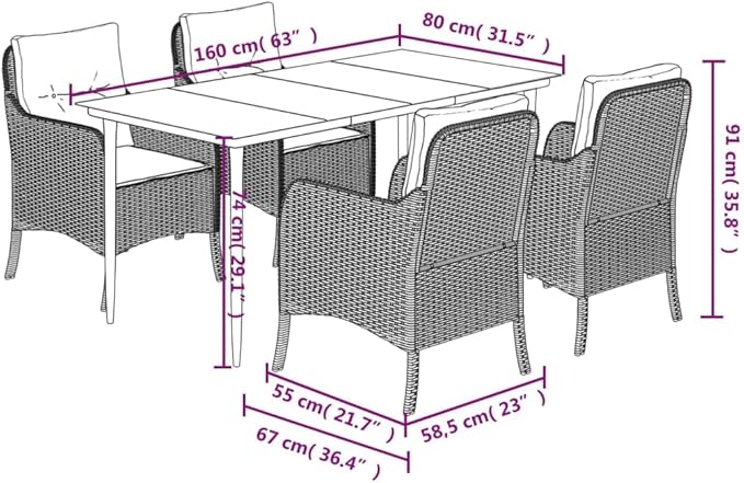 Backyard Furniture Patio Conversation Sets Outdoor Seating 5 Piece Patio Dining Set with Cushions Gray Poly Rattan Suitable for Gardens, Balconies, Decks