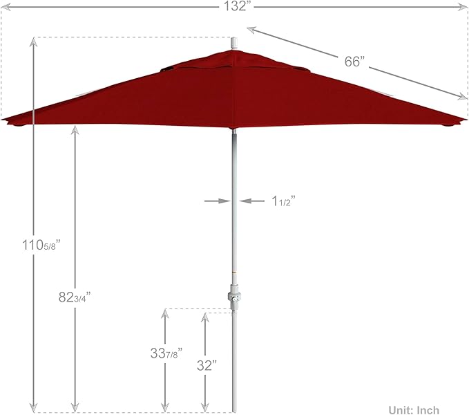 California Umbrella 11Ft Fiberglass Rib Patio Umbrella, Hand-Crank, Tilt-Collar, White Frame, Solution Dyed Red Fabric