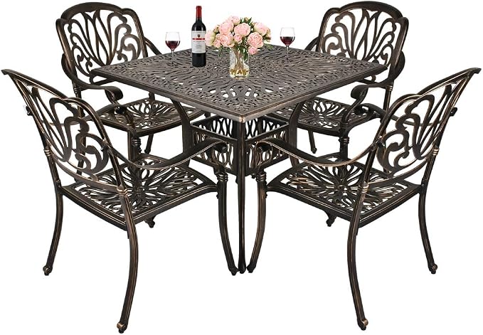 TITIMO 5-Piece Outdoor Patio Dining Set,All-Weather Cast Aluminum Furniture Conversation Set Includes 4 Chairs and 1 Square Table with Umbrella Hole for Patio Garden Deck, Blooming Flower Design