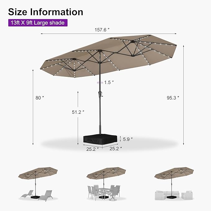 PURPLE LEAF 13ft Double-Sided Patio Umbrella with Solar Lights Outdoor Market Umbrella with Base and Crank Handle Table Umbrella for Backyard Pool Garden Deck, Khaki