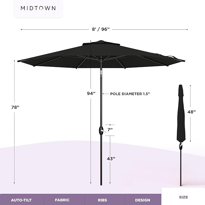 Midtown Umbrellas - The Lean 8 Ft Patio Umbrella with Acrylast Acrylic Fabric, Auto-Tilt Aluminum Frame & 8 Sturdy Ribs - Outdoor Umbrella for Deck, Pool, Hotel & Cafes - Eclipse Canopy, Black Pole