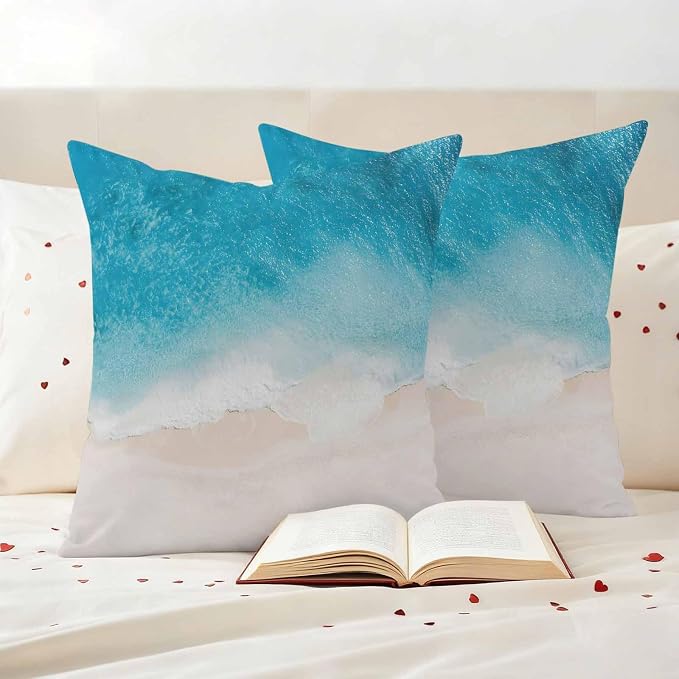 Pack of 2 Blue Beach Coastal Outdoor Pillow Covers Decorative, Ocean Seaside Waterproof Pillow Protector, Summer Nautical Throw Pillowcases Accent Cushion Cases for Patio Couch Sofa 26"x26"