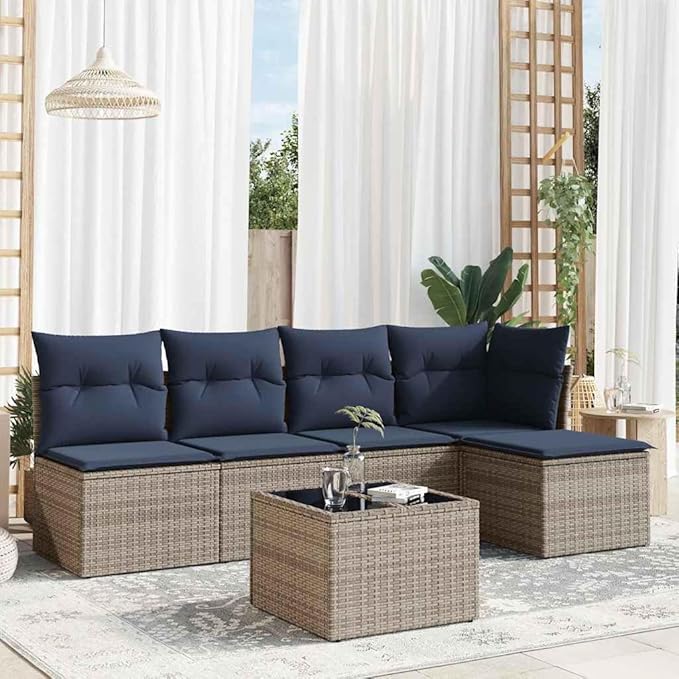 vidaXL Patio Sofa Set with Cushions 6 Piece, Patio Furniture with Glass Table, Outdoor Conversation Set, Modern Style, Gray Poly Rattan