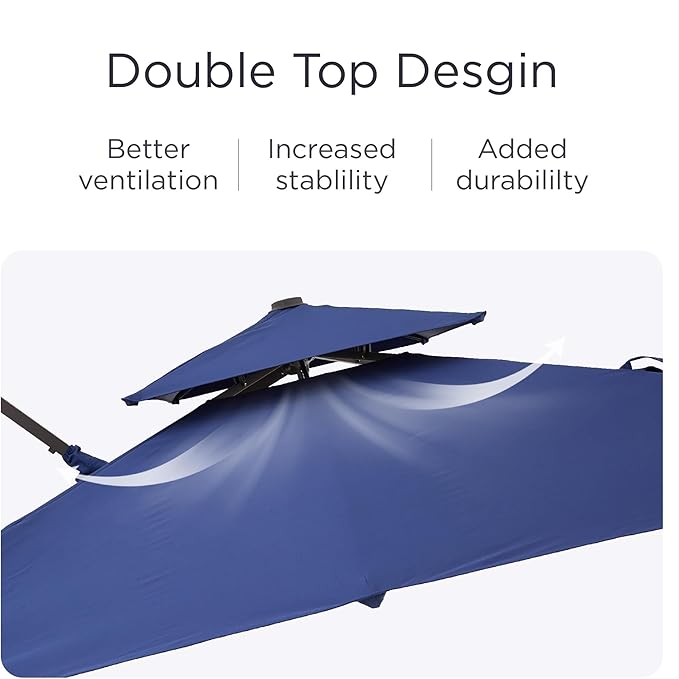 9' X 12' Patio Umbrella with LED Lights Outdoor Cantilever Large Rectangle Offset Umbrellas Heavy Duty Aluminum Double Top with 360-degree Rotation for Pool Garden Deck, Navy