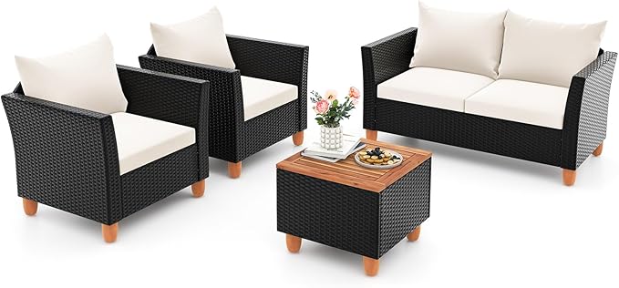 ORALNER 4 Pieces Patio Furniture Set, Outdoor Wicker Conversation Chairs, Loveseat w/Cushion, Acacia Lift-Top Coffee Table, Rattan Set for Balcony Garden Backyard Front Porch Poolside Deck (White)