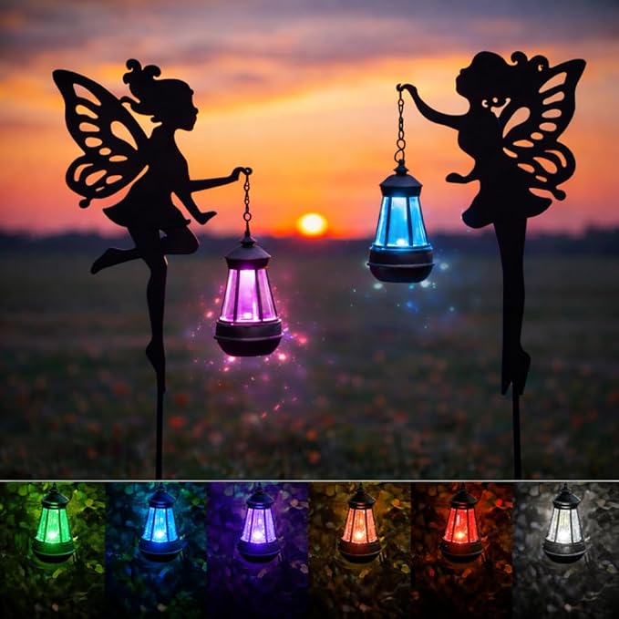 Solar Fairy Garden Accessories Outdoor 1 Pair - Metal Stakes Decorative Figurines Housewarming Ornament for Patio, Lawn, Yard, Pathway - Unique Gift Ideas for Mom Grandma (Type A Color-Shifting)