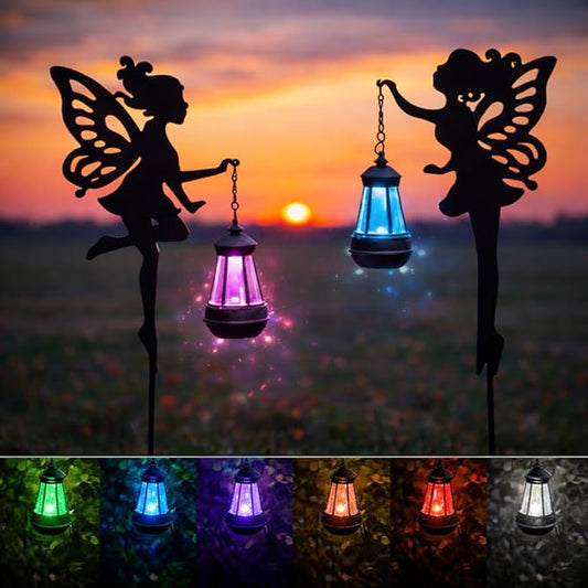 Solar Fairy Garden Accessories Outdoor 1 Pair - Metal Stakes Decorative Figurines Housewarming Ornament for Patio, Lawn, Yard, Pathway - Unique Gift Ideas for Mom Grandma (Type A Color-Shifting)