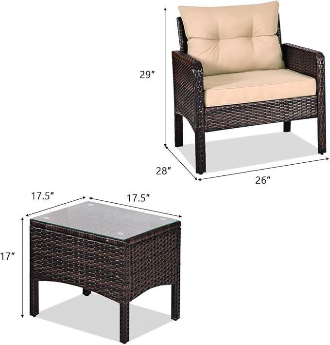 HAPPYGRILL 3 Pieces Patio Furniture Set Outdoor Rattan Wicker Coffee Table & Chairs Set with Seat Cushions Patio Conversation Set for Garden Balcony Backyard Poolside