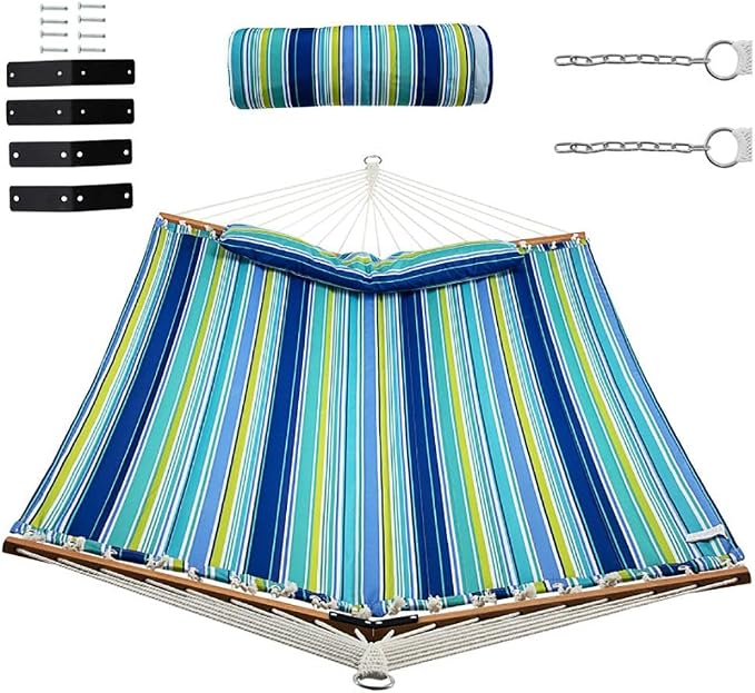 Portable Blue-Green Beech Wood Foldable Hammock with Detachable Pillow for Patio/Balcony 55.5x75in, 265lb Capacity Contemporary