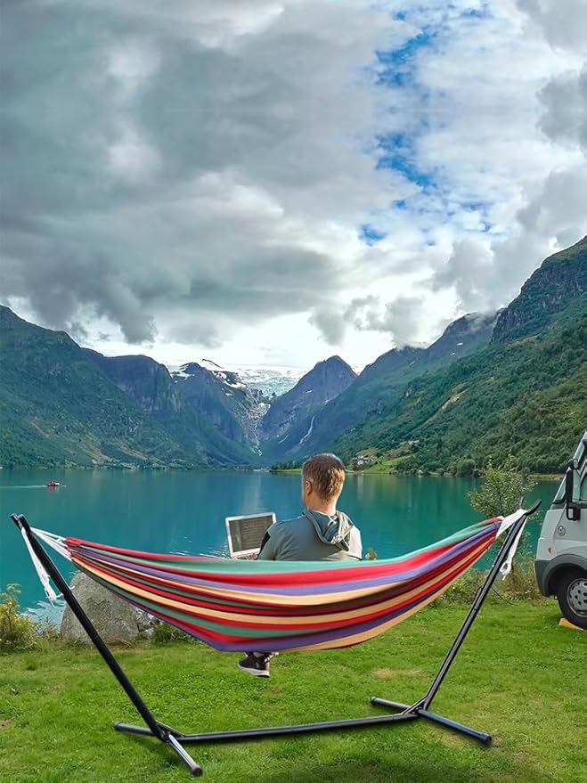 Double Hammock with Space Saving Metal Stand, Strong Load Bearing 200KG, Striped Print, Carrying Bag Included for Indoor Outdoor Patio Backyard Camping Red