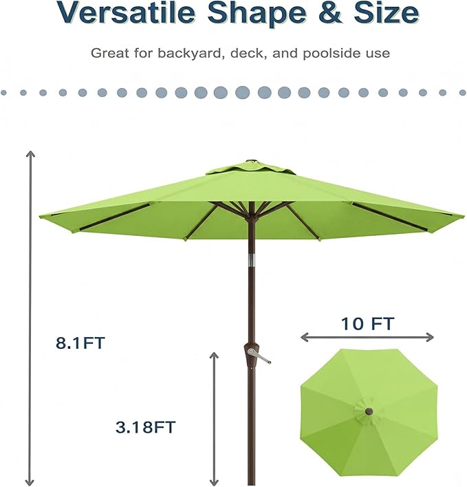 PatioKingdom 10FT Patio Umbrella with Push Button Tilt and Crank, Outdoor Market Umbrella with 8 Fiberglass Ribs, UV Protection Table Umbrella for Pool,Backyard,Garden,Deck