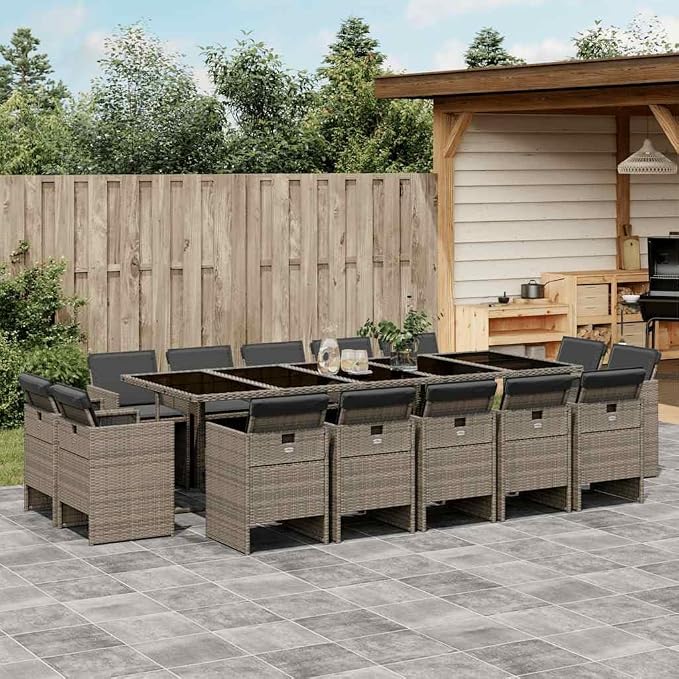 15 Piece Patio Dining Set with Cushions Gray Poly Rattan Outdoor Furniture Table and 14 Chairs for Garden Backyard Porch Dining Tempered Glass Foldable Seats Space Saving UV Proof 242. 5lb Capacity
