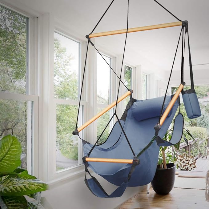 Flexzion Hanging Rope Hammock Chair (Blue) Air Deluxe Sky Swing Outdoor Seat Solid Wood 250lb with Pillow Arm Arrest Footrest and Drink Holder for Patio Furniture Camping Travel Porch Lounge