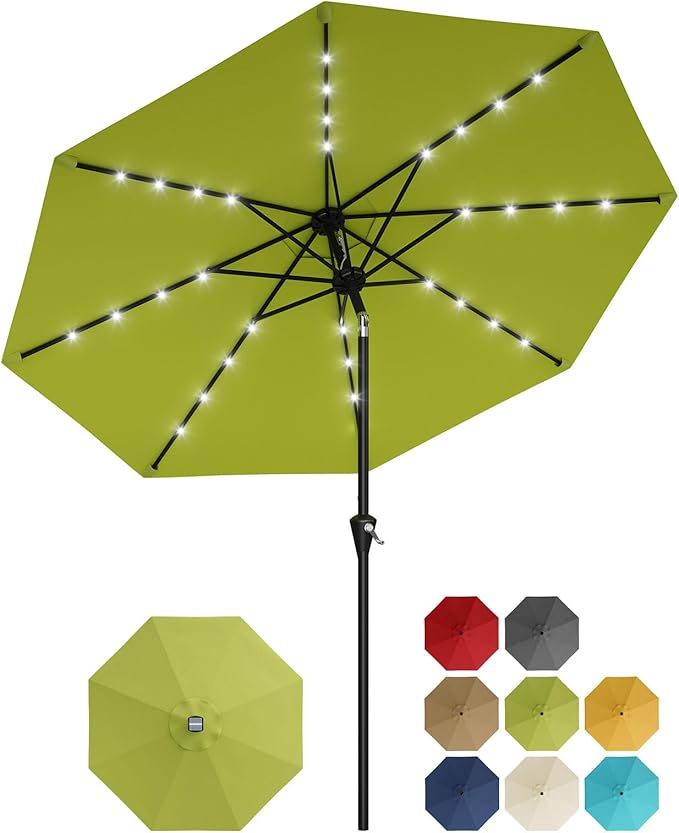 Garvee 9FT Solar Patio Umbrella with 32 LED Lights - Outdoor Table Umbrella with Crank Lift, Push Button Tilt and 8 Sturdy Ribs - Market Umbrella UV Protection for Pool, Deck, Yard, Garden