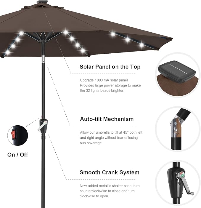 ABCCANOPY Durable Solar Led Patio Umbrellas with 32LED Lights 9FT (Brown)