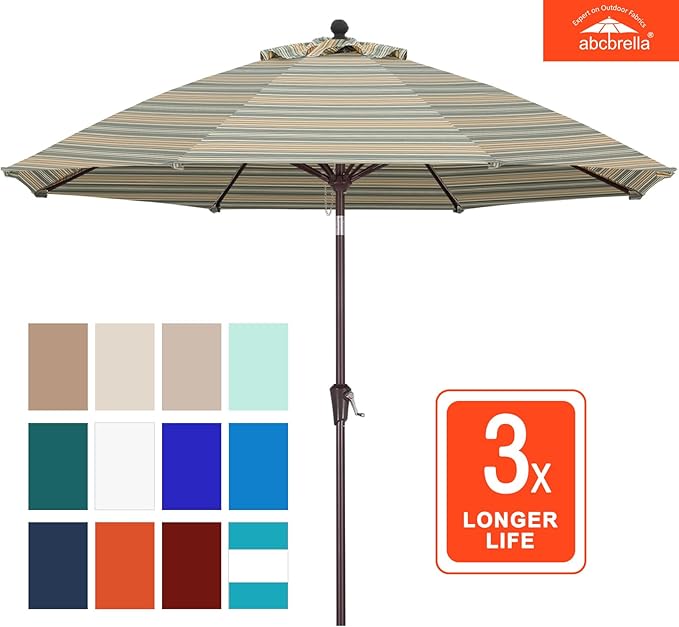 ABCCANOPY OLEFIN® 5-Year No Fading 9FT Patio Umbrella, Outdoor Table Umbrella with 8 Sturdy Ribs for Deck, Backyard, Yard (Brown Stripe)