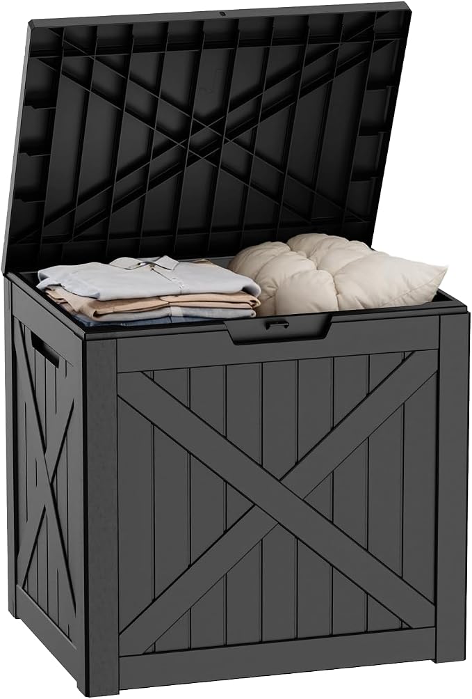 Pepe Tee Waterproof Resin Deck Box, Outdoor Storage Bin for Patio Furniture Cushions, All-Weather Garden Organizer & Seating Bench, Black