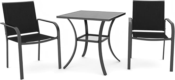 Anmutig 3-Piece Outdoor Dining Set, Powder Coated Steel Table with 2 Stackable Sling Chairs, 27.5 x 27.5 Inch Square Table, Black Fabric